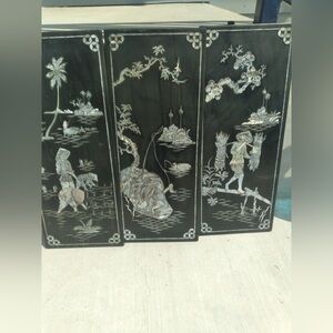 Vintage Mid Century Oriental Black Lacquer Wall Panels